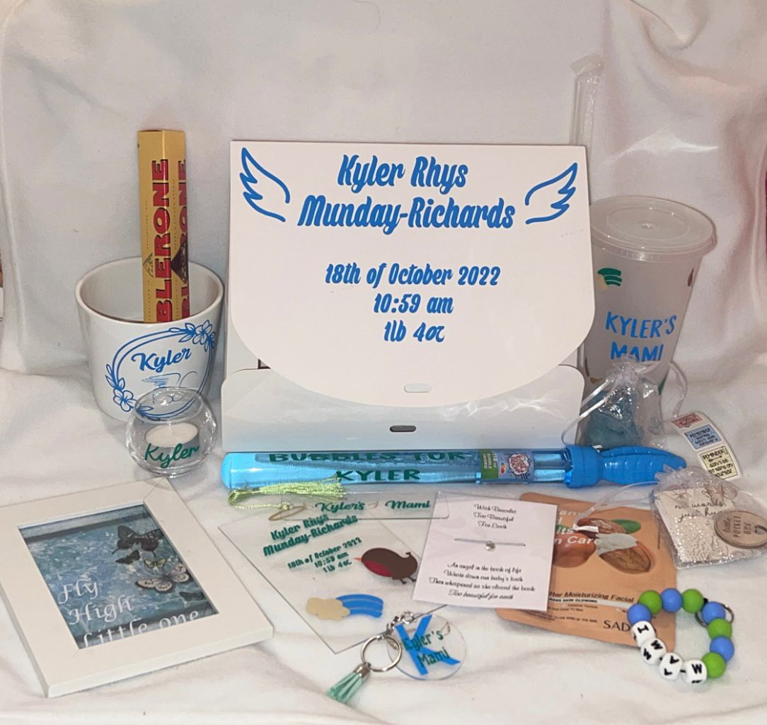 Hearts for Hudson comfort package with personalised keepsakes, plant pot, cold cup, and memorial plaque.