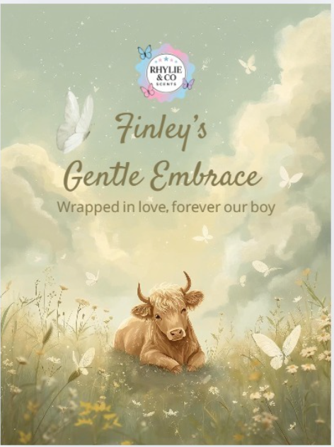 Finley’s Gentle Embrace – Soft Amber & Cotton Blossom 🕊️🐄💚